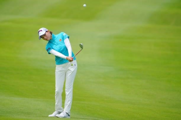 Hina Arakaki of Japan hits her third shot on the 9th hole during the Pro-Am ahead of Rakuten Super Ladies at Tokyu Grand Oak Golf Club on July 28,...