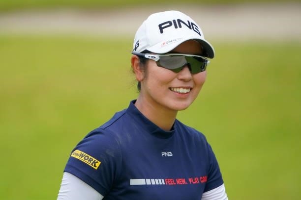 Mamiko Higa of Japan smiles on the 9th green during the Pro-Am ahead of Rakuten Super Ladies at Tokyu Grand Oak Golf Club on July 28, 2021 in Kato,...