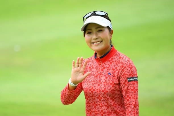 Serena Aoki of Japan waves on the 9th hole during the Pro-Am ahead of Rakuten Super Ladies at Tokyu Grand Oak Golf Club on July 28, 2021 in Kato,...