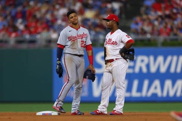 Juan Soto of the Washington Nationals and Jean Segura of the Philadelphia Phillies during a game at Citizens Bank Park on July 26, 2021 in...