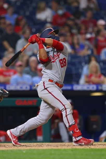 Gerardo Parra of the Washington Nationals in action against the Philadelphia Phillies during a game at Citizens Bank Park on July 26, 2021 in...