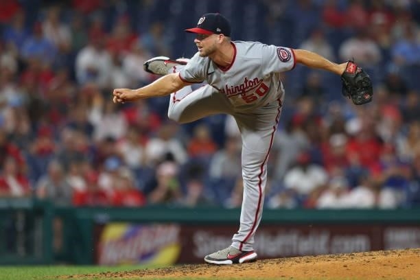 Austin Voth of the Washington Nationals in action against the Philadelphia Phillies at Citizens Bank Park on July 26, 2021 in Philadelphia,...