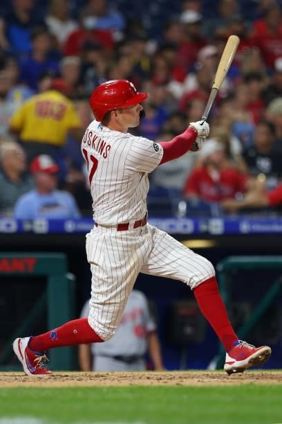 Rhys Hoskins of the Philadelphia Phillies in action against the Washington Nationals at Citizens Bank Park on July 26, 2021 in Philadelphia,...