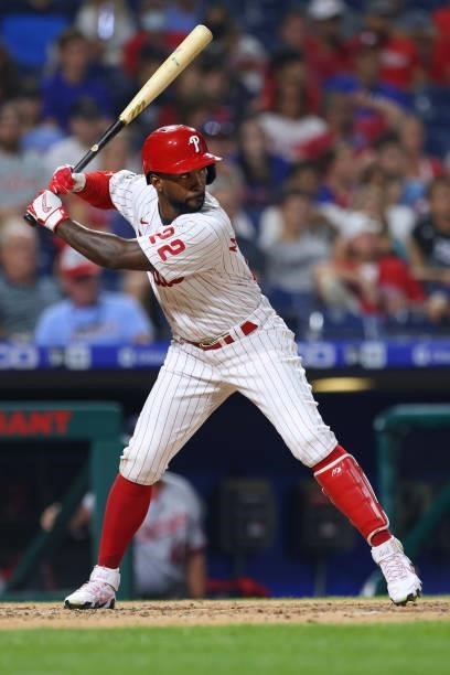 Andrew McCutchen of the Philadelphia Phillies in action against the Washington Nationals at Citizens Bank Park on July 26, 2021 in Philadelphia,...