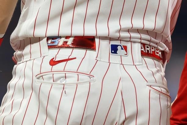 The personalized belt worn by Bryce Harper of the Philadelphia Phillies in action against the Washington Nationals at Citizens Bank Park on July 26,...