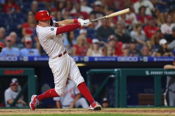 Rhys Hoskins of the Philadelphia Phillies in action against the Washington Nationals at Citizens Bank Park on July 26, 2021 in Philadelphia,...