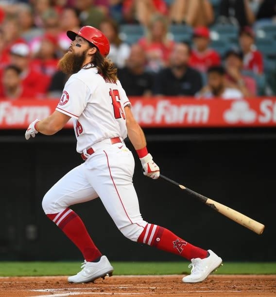Brandon Marsh of the Los Angeles Angels at bat the game against the Colorado Rockies at Angel Stadium of Anaheim on July 26, 2021 in Anaheim,...