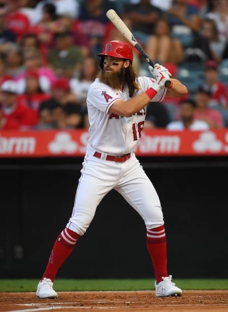Brandon Marsh of the Los Angeles Angels at bat the game against the Colorado Rockies at Angel Stadium of Anaheim on July 26, 2021 in Anaheim,...