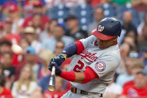 Juan Soto of the Washington Nationals hits a three run home run in the top of the second inning against the Philadelphia Phillies at Citizens Bank...