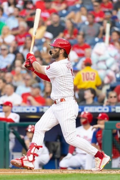 Bryce Harper of the Philadelphia Phillies bats against the Washington Nationals at Citizens Bank Park on July 27, 2021 in Philadelphia, Pennsylvania....