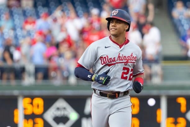 Juan Soto of the Washington Nationals rounds the bases against the Philadelphia Phillies at Citizens Bank Park on July 27, 2021 in Philadelphia,...