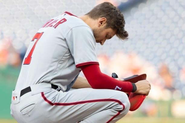 Trea Turner of the Washington Nationals looks on against the Philadelphia Phillies at Citizens Bank Park on July 27, 2021 in Philadelphia,...