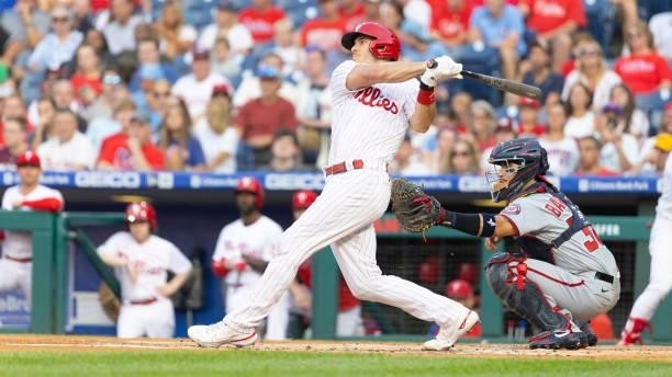 Realmuto of the Philadelphia Phillies bats against the Washington Nationals at Citizens Bank Park on July 27, 2021 in Philadelphia, Pennsylvania. The...
