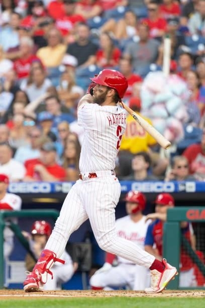 Bryce Harper of the Philadelphia Phillies bats against the Washington Nationals at Citizens Bank Park on July 27, 2021 in Philadelphia, Pennsylvania....