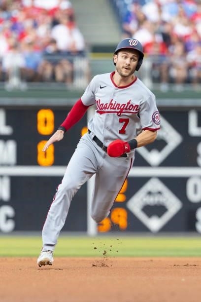 Trea Turner of the Washington Nationals runs to third base against the Philadelphia Phillies at Citizens Bank Park on July 27, 2021 in Philadelphia,...