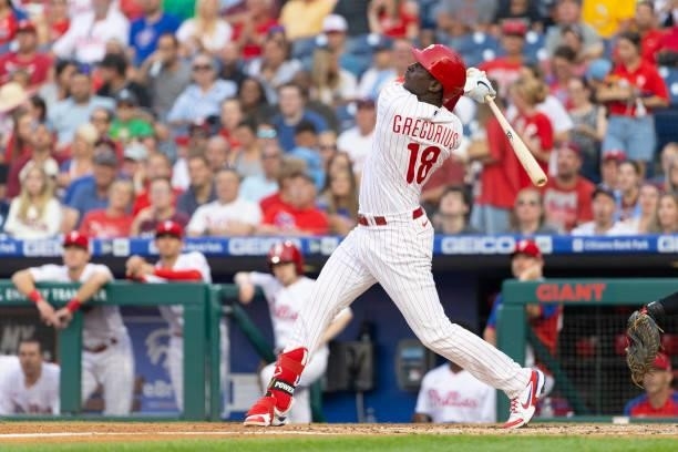 Didi Gregorius of the Philadelphia Phillies bats against the Washington Nationals at Citizens Bank Park on July 27, 2021 in Philadelphia,...
