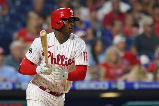 Didi Gregorius of the Philadelphia Phillies in action against the Washington Nationals at Citizens Bank Park on July 26, 2021 in Philadelphia,...