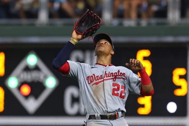 Juan Soto of the Washington Nationals in action against the Philadelphia Phillies during a game at Citizens Bank Park on July 26, 2021 in...