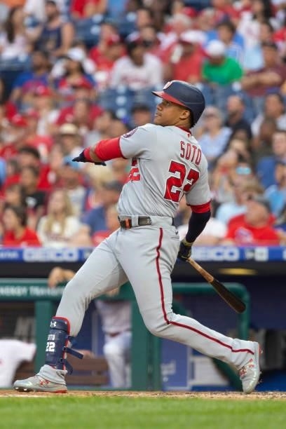 Juan Soto of the Washington Nationals hits a three run home run in the top of the second inning against the Philadelphia Phillies at Citizens Bank...