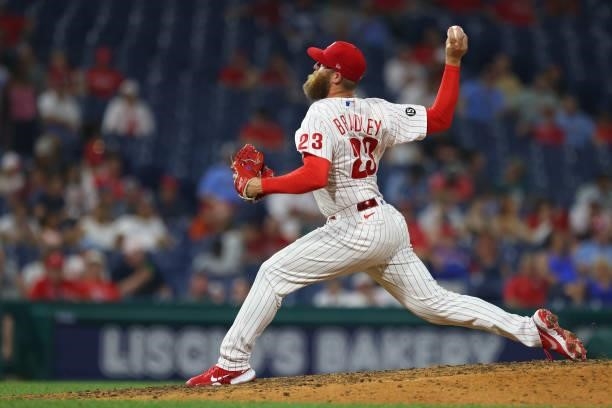 Archie Bradley of the Philadelphia Phillies in action against the Washington Nationals at Citizens Bank Park on July 26, 2021 in Philadelphia,...