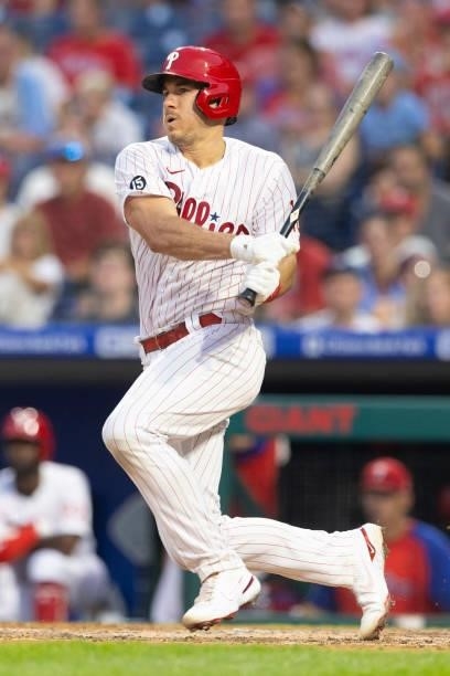 Realmuto of the Philadelphia Phillies bats against the Washington Nationals at Citizens Bank Park on July 27, 2021 in Philadelphia, Pennsylvania. The...