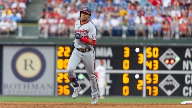 Juan Soto of the Washington Nationals rounds the bases after hitting a three run home run in the top of the second inning against the Philadelphia...
