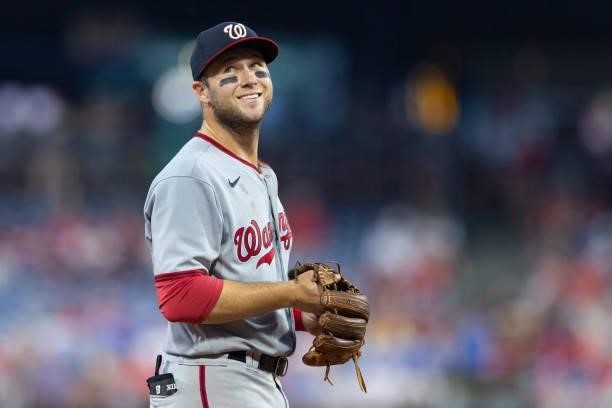 Carter Kieboom of the Washington Nationals looks on against the Philadelphia Phillies at Citizens Bank Park on July 27, 2021 in Philadelphia,...