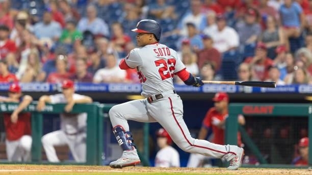 Juan Soto of the Washington Nationals bats against the Philadelphia Phillies at Citizens Bank Park on July 27, 2021 in Philadelphia, Pennsylvania....
