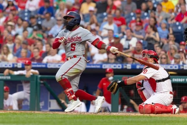 Josh Harrison of the Washington Nationals bats against the Philadelphia Phillies at Citizens Bank Park on July 27, 2021 in Philadelphia,...