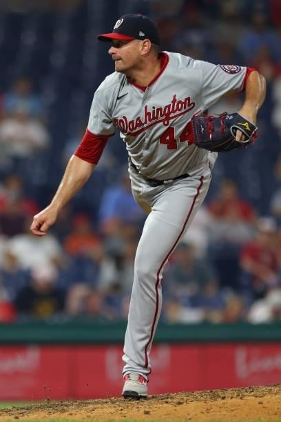 Daniel Hudson of the Washington Nationals in action against the Philadelphia Phillies during a game at Citizens Bank Park on July 26, 2021 in...