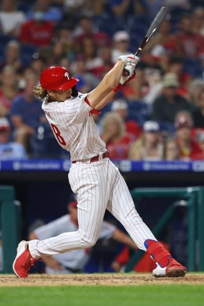 Alec Bohm of the Philadelphia Phillies in action against the Washington Nationals at Citizens Bank Park on July 26, 2021 in Philadelphia,...