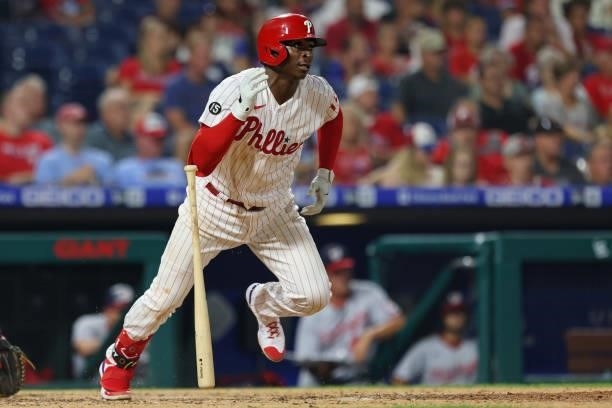 Didi Gregorius of the Philadelphia Phillies in action against the Washington Nationals at Citizens Bank Park on July 26, 2021 in Philadelphia,...