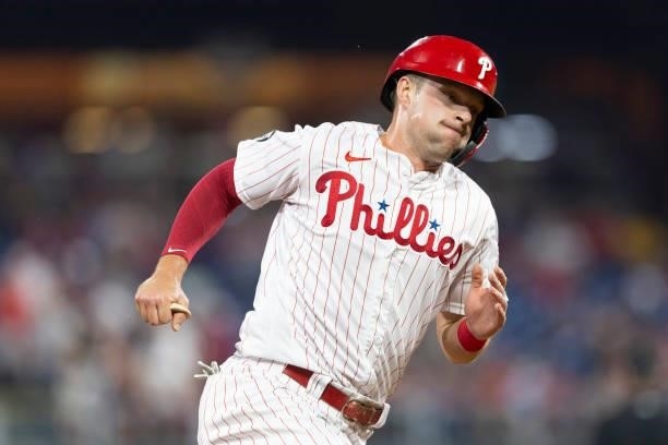 Rhys Hoskins of the Philadelphia Phillies runs to third base against the Washington Nationals at Citizens Bank Park on July 27, 2021 in Philadelphia,...