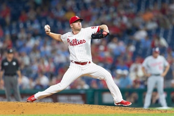 Chase Anderson of the Philadelphia Phillies throws a pitch against the Washington Nationals at Citizens Bank Park on July 27, 2021 in Philadelphia,...