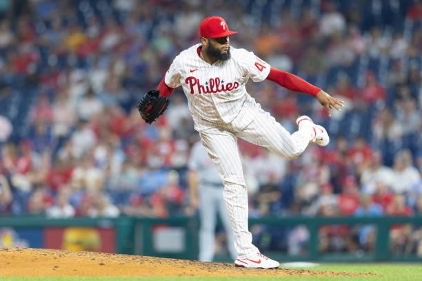 Jose Alvarado of the Philadelphia Phillies throws a pitch against the Washington Nationals at Citizens Bank Park on July 27, 2021 in Philadelphia,...