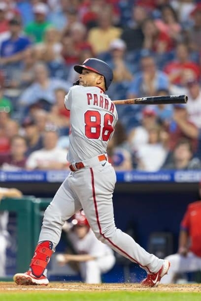 Gerardo Parra of the Washington Nationals bats against the Philadelphia Phillies at Citizens Bank Park on July 27, 2021 in Philadelphia,...