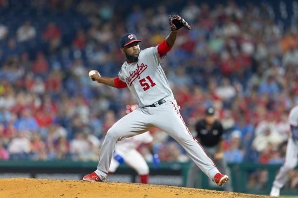 Wander Suero of the Washington Nationals throws a pitch against the Philadelphia Phillies at Citizens Bank Park on July 27, 2021 in Philadelphia,...