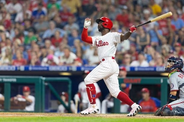 Andrew McCutchen of the Philadelphia Phillies hits a solo home run in the bottom of the fifth inning against the Washington Nationals at Citizens...