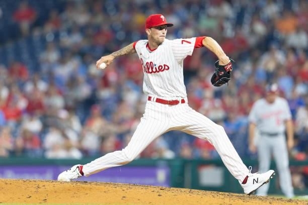 Connor Brogdon of the Philadelphia Phillies throws a pitch against the Washington Nationals at Citizens Bank Park on July 27, 2021 in Philadelphia,...