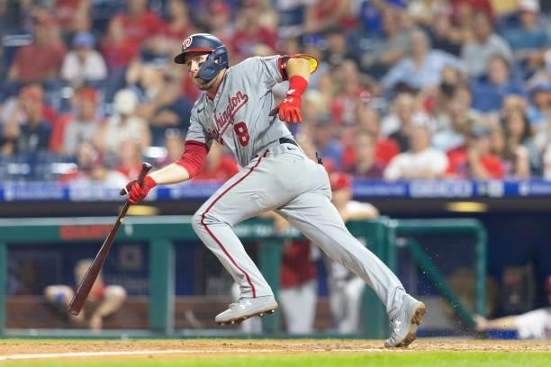 Carter Kieboom of the Washington Nationals bats against the Philadelphia Phillies at Citizens Bank Park on July 27, 2021 in Philadelphia,...