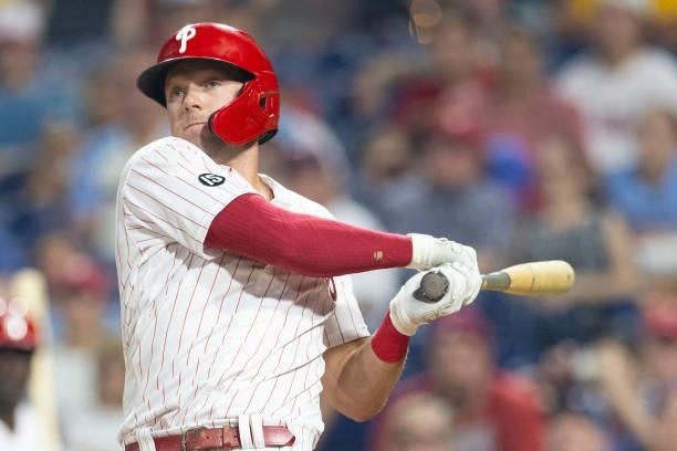 Rhys Hoskins of the Philadelphia Phillies bats against the Washington Nationals at Citizens Bank Park on July 27, 2021 in Philadelphia, Pennsylvania....