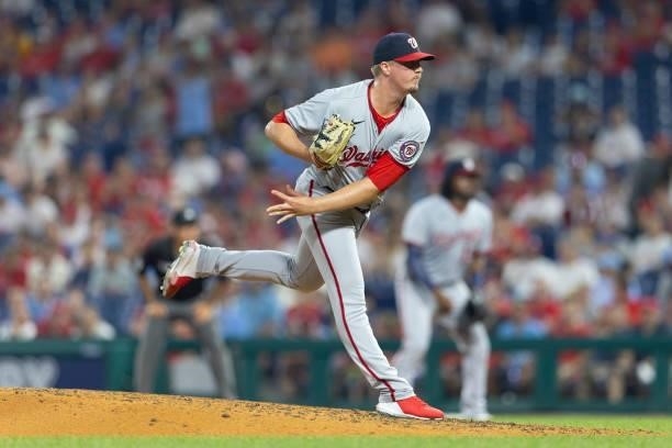 Sam Clay of the Washington Nationals throws a pitch against the Philadelphia Phillies at Citizens Bank Park on July 27, 2021 in Philadelphia,...