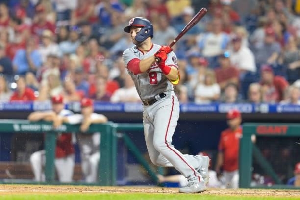 Carter Kieboom of the Washington Nationals bats against the Philadelphia Phillies at Citizens Bank Park on July 27, 2021 in Philadelphia,...