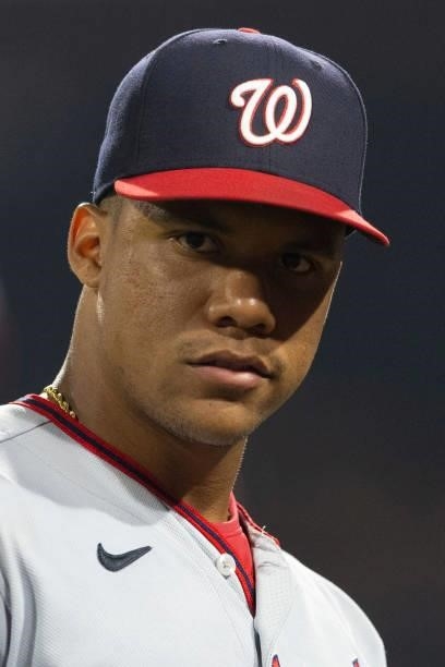 Juan Soto of the Washington Nationals looks on against the Philadelphia Phillies at Citizens Bank Park on July 27, 2021 in Philadelphia,...
