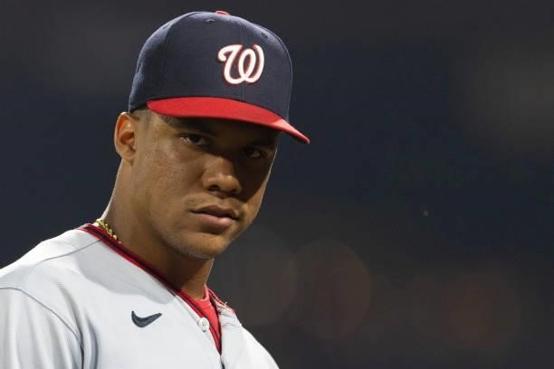 Juan Soto of the Washington Nationals looks on against the Philadelphia Phillies at Citizens Bank Park on July 27, 2021 in Philadelphia,...