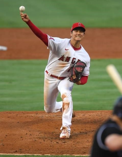 Shohei Ohtani of the Los Angeles Angels pitches in the second inning of the game against the Colorado Rockies at Angel Stadium of Anaheim on July 26,...