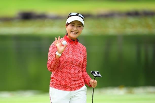 Serena Aoki of Japan waves on the 9th green during the Pro-Am ahead of Rakuten Super Ladies at Tokyu Grand Oak Golf Club on July 28, 2021 in Kato,...