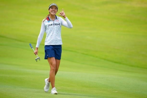 Eimi Koga of the United States poses on the 18th hole during the Pro-Am ahead of Rakuten Super Ladies at Tokyu Grand Oak Golf Club on July 28, 2021...