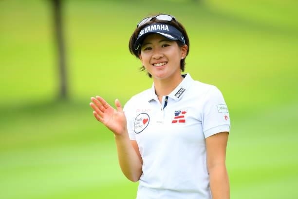 Kana Nagai of Japan waves on the 18th hole during the Pro-Am ahead of Rakuten Super Ladies at Tokyu Grand Oak Golf Club on July 28, 2021 in Kato,...