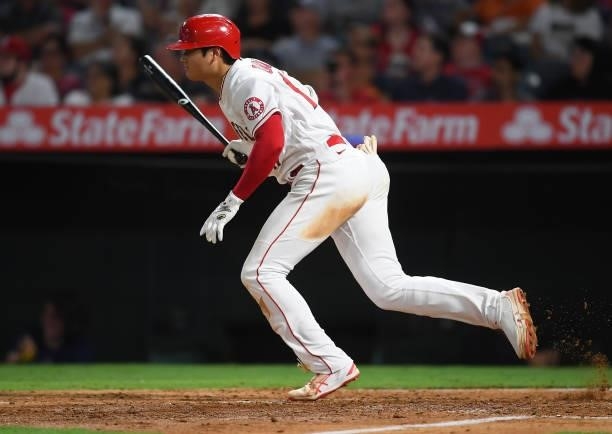 Shohei Ohtani of the Los Angeles Angels at bat in the game against the Colorado Rockies at Angel Stadium of Anaheim on July 26, 2021 in Anaheim,...